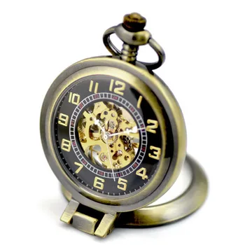 Steampunk Esqueleto De Bronze Mecânico Automático Relógio De Bolso De Homens Vintage Mão Do Vento Colar Relógio De Bolso & Fob Relógios Com Corrente