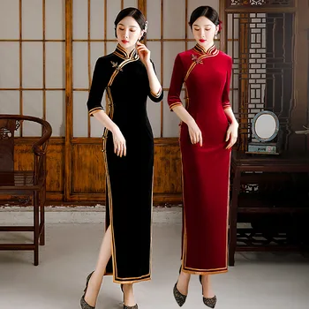 Veludo Cheongsams Mulheres Chinês Tradicional Vestidos De Deslizamento Botão Qipao Sexy Divisão Alta Cheongsam Brinde Banquete Vestido De Vestidos