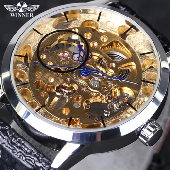 VENCEDOR de Luxo Dourado Esqueleto Retro Nobre dos Homens Relógio de Pulso Mecânico Pulseira de Couro transparente relógio de pulso Relógio Masculino