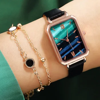 2Pcs Mulheres Relógios de Moda Elegante de Senhoras Relógio Pequeno Quadrado Verde Quartzo Feminino Relógio Vintage de Couro Relógio de Pulso Pulseira Conjunto