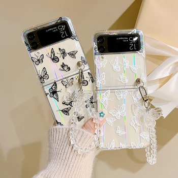 Bonito 3D Crystal Borboleta Charme Pulseira de contas de Telefone Case Para Samsung Galaxy Z Flip 3 5G Aurora Cartão de Borboletas Claro, Capa Dura