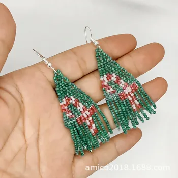 Brincos de franjas tecido a Mão Retro Versátil verde árvore de natal Beading Simplicidade Bohemia senhora de Arroz bead brincos
