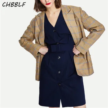 CHBBLF mulher elegante blazer xadrez double breasted manga longa feminina outwear casaco DFT27345