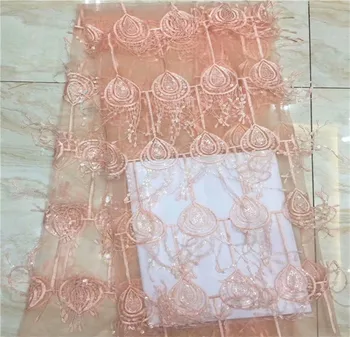 Cor-de-rosa do Laço de Tecido de lantejoulas Africana, Tule Tecido do Laço Borlas de Alta de Alta Qualidade Net Renda francesa Tecido Para Nigeriano Festa de Casamento