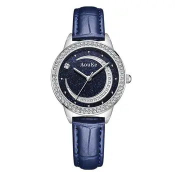 De luxo, Mulheres Elegantes Relógio Azul com Pulseira de Couro Brilhante Galáxia Série de Diamante Incrustado na Moda Versátil Relógio de Quartzo