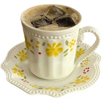 Francês pastoral pequena flor amarela pequeno-almoço xícara de café e pires conjunto de cerâmica xícara de chá da tarde retro caneca bonito da copa CL102201