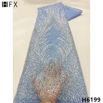 HFX 2022 mais Recente azul Africana de Lantejoulas Tecido do Laço Bordado francês Malha de Tecido de Renda Com Paetês Nigeriano de Tule Para o Partido H6199