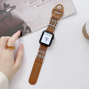 Luxo de Aço Inoxidável, Bracelete de Couro de banda para correa apple relógio 44mm Alça para a apple, assistir série 7 acessórios iwatch 6 5 4