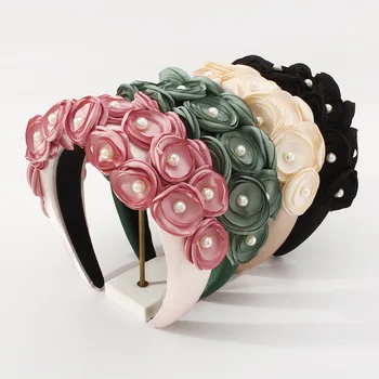 Moda Retrô Jantar Bola de Cabeça Banda Pérola de Imitação Tecido Tridimensional Headband Flor de Acessórios de Cabelo para Mulheres
