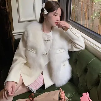 Novo 2022 coreano designer de moda feminina real fox colete de pelo e lã, casacos Elegantes duas peças de conjunto de casacos de pele HD02