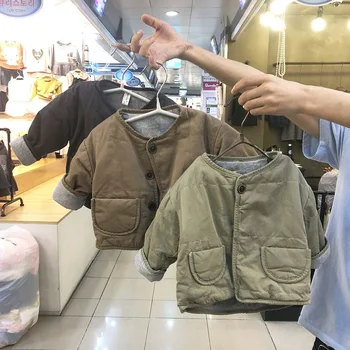 Para crianças de inverno novo estilo coreano jaqueta retrô cor sólida coreano casual simples cardigan homens e mulheres bebê casaco de algodão