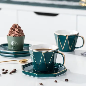 Pequeno-Almoço de luxo de Cerâmica, Canecas de Café Xícara de Chá da Tarde Conjunto de 180mL com colher de Tabuleiro de estilo Europeu, Verde, Azul, Branco, Café