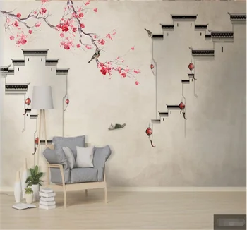 xuesu Personalizado 3d papel de parede novo Chinês flor de ameixa pássaro barco concepção artística cenário de fundo de cobertura de parede